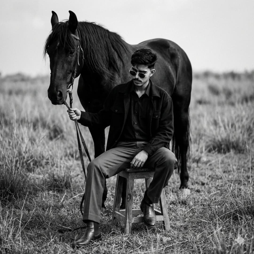Black & White image with Horse Nano Banana prompt example