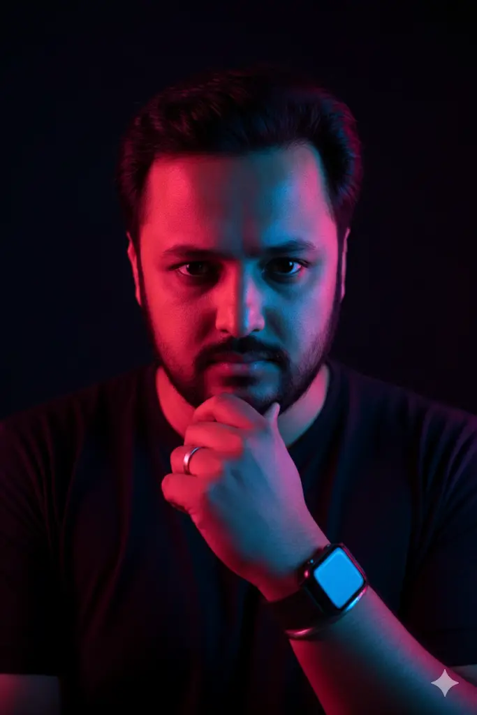 A Man with a beard, illuminated by dramatic dual-colored lighting. GPT Image 2 prompt example