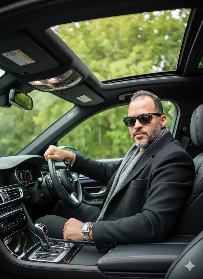 Homem rico estiloso empresário dirigindo carro chique Nano Banana prompt example