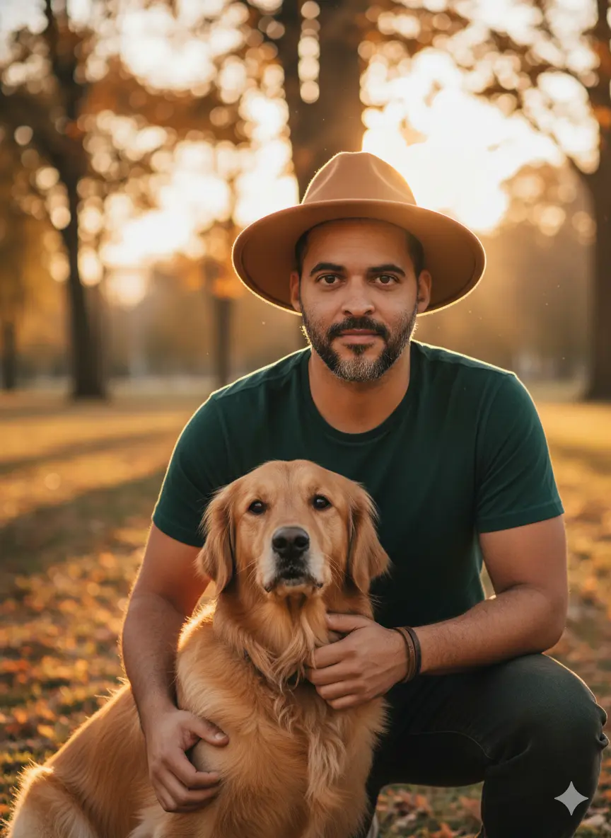 Foto de primavera e outono com homem e seu cachorro de estimação no parque Nano Banana prompt example