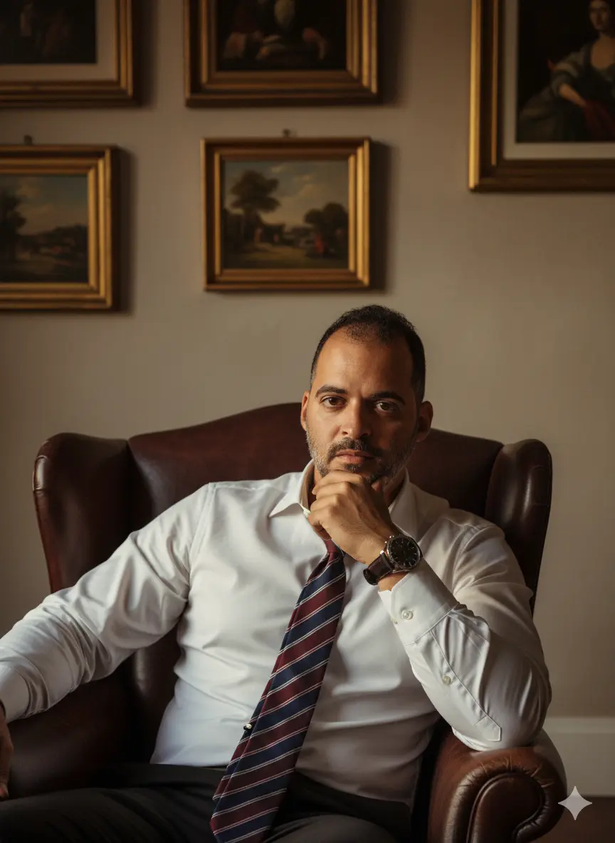 Foto realista natural de homem pensativo na poltrona de couro Nano Banana prompt example