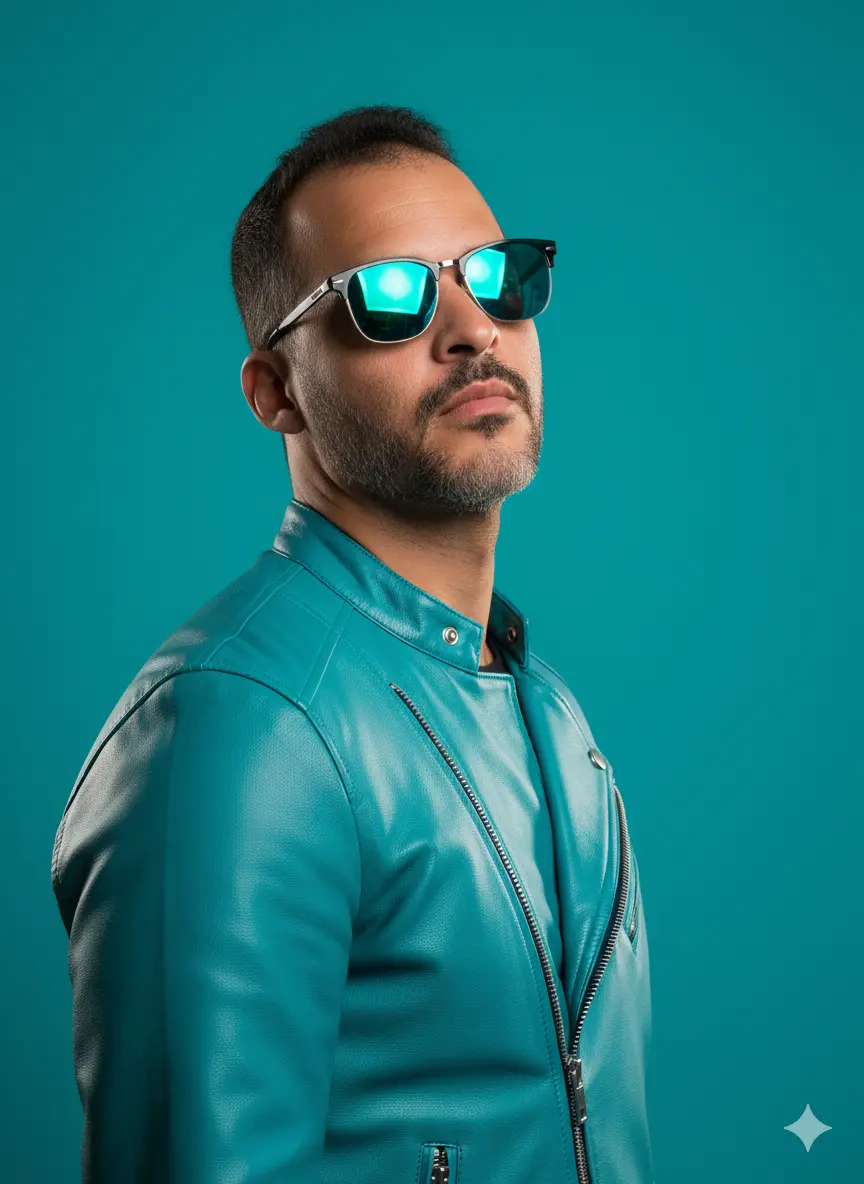 Foto estilosa de homem com jaqueta de couro e óculos escuros cor azul agua GPT Image 2 prompt example