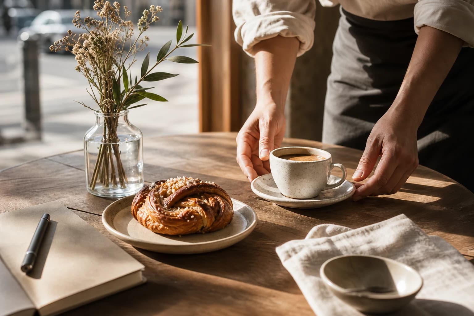 Sunlit coffee shop table with ceramic cup pastry and notebook