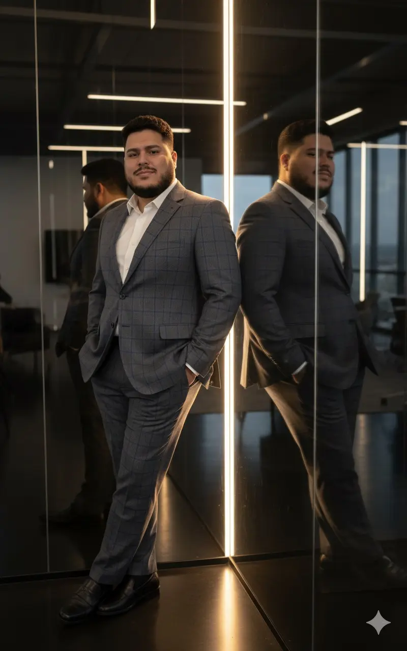Homem elegante de terno com reflexo Nano Banana prompt example