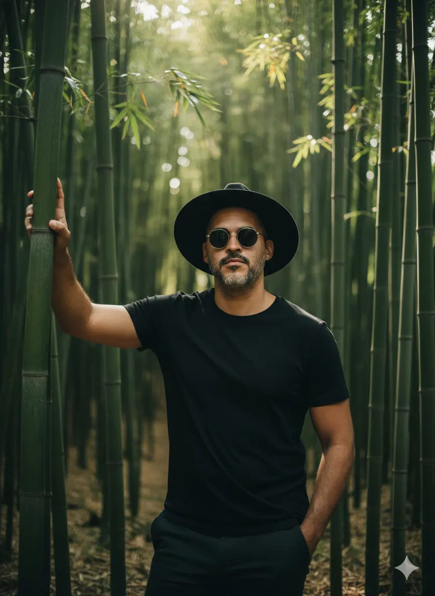 homem estiloso com chapéu entre os bambús Nano Banana prompt example
