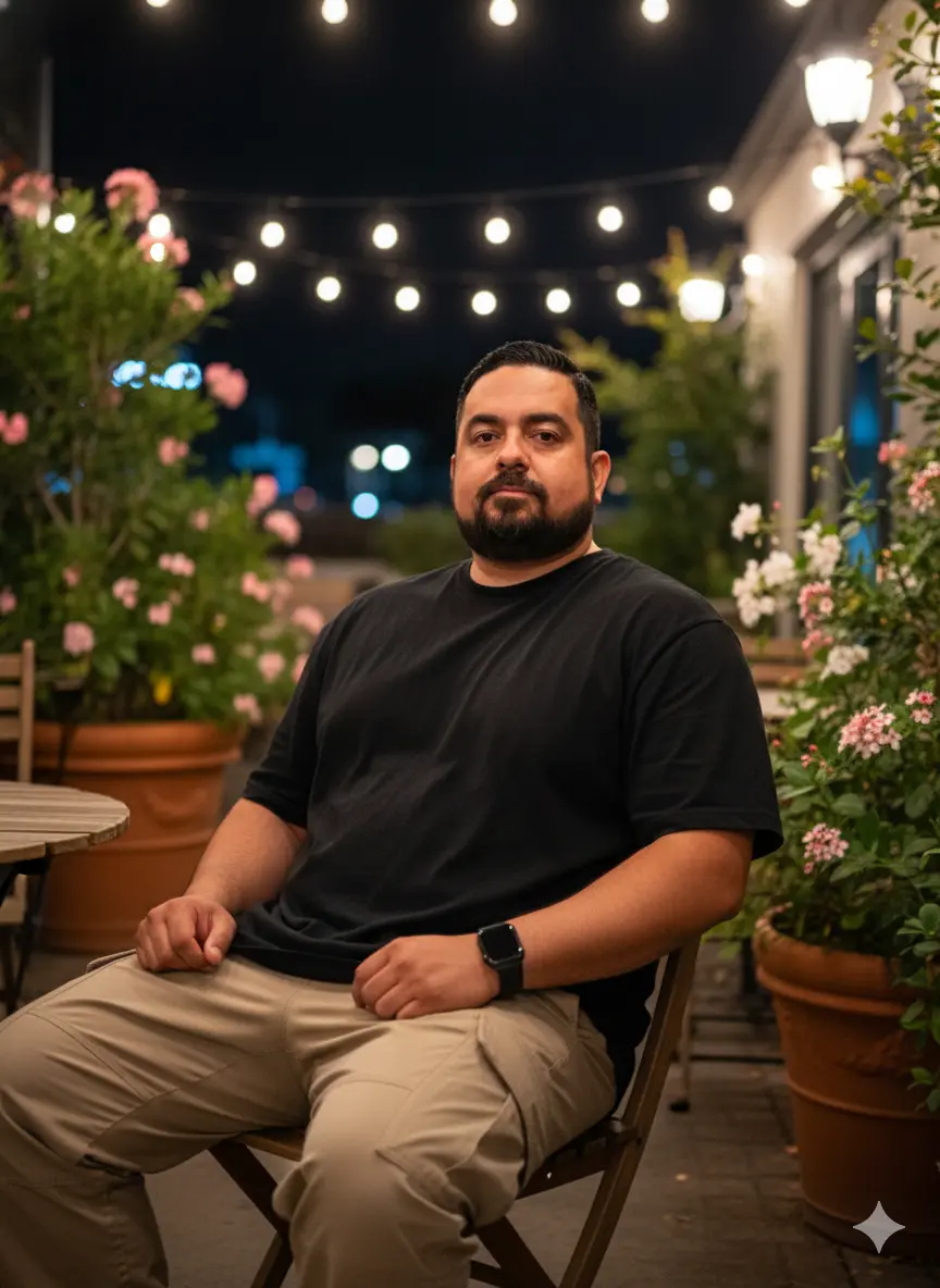 Portrait of the Night Knight at Café Editorial Nano Banana prompt example
