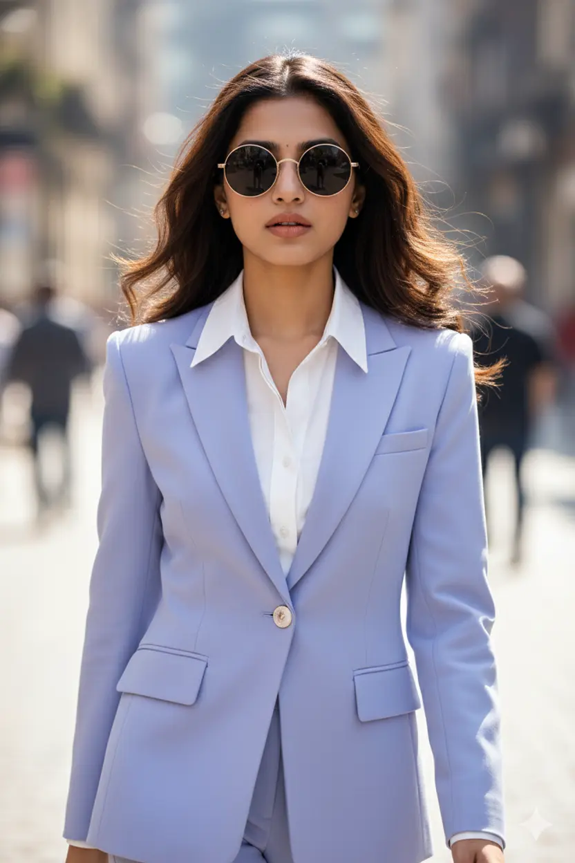 Runway Lavender Suit Elegance Nano Banana prompt example