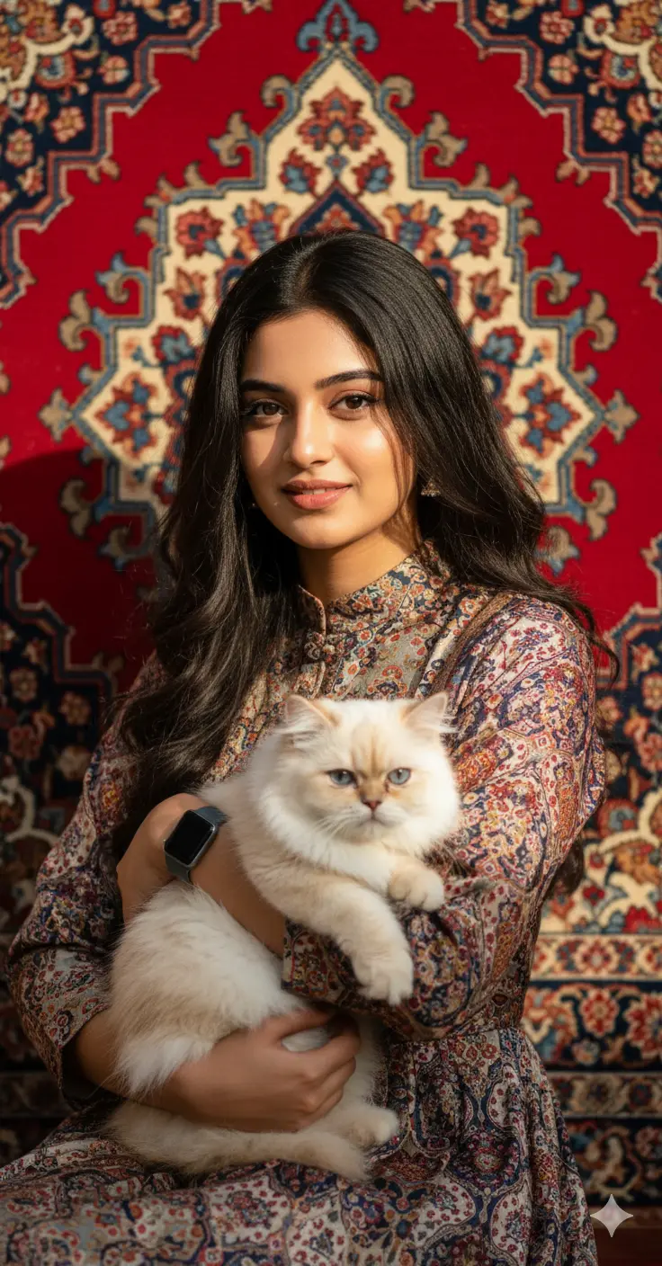 Persian Dreams: A Portrait with Feline Grace Nano Banana prompt example