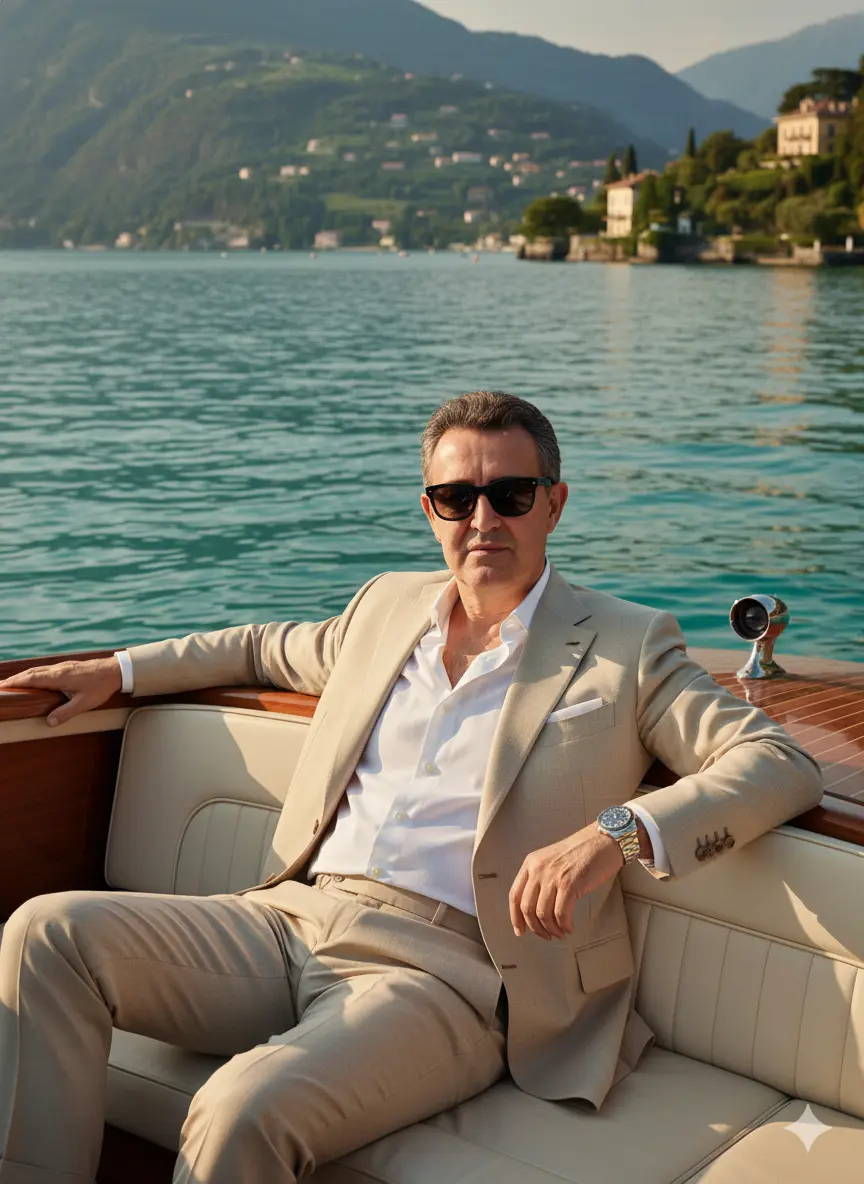 homem elegante num barco Nano Banana prompt example
