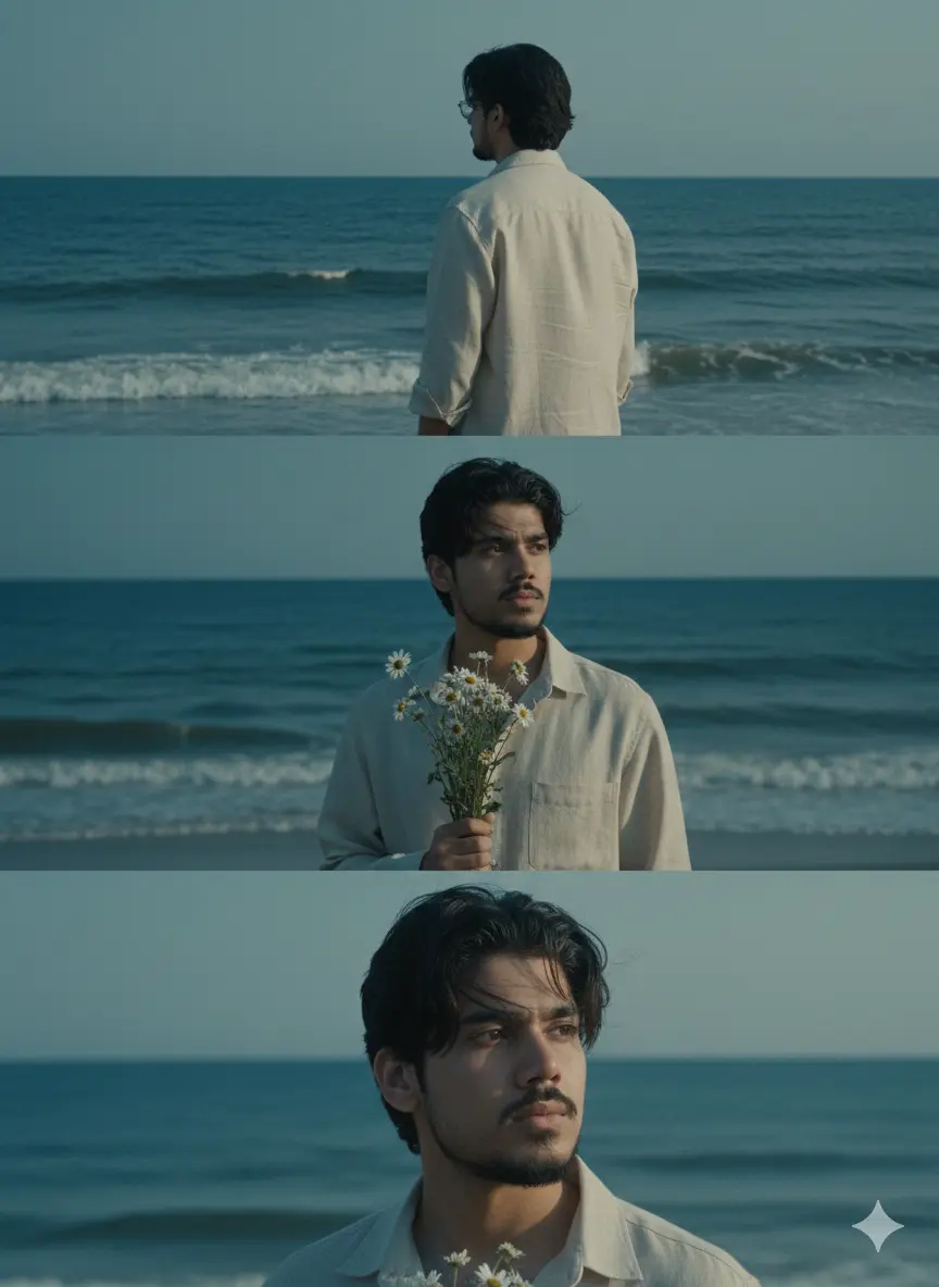 Guy holding flowers at the beach Nano Banana prompt example