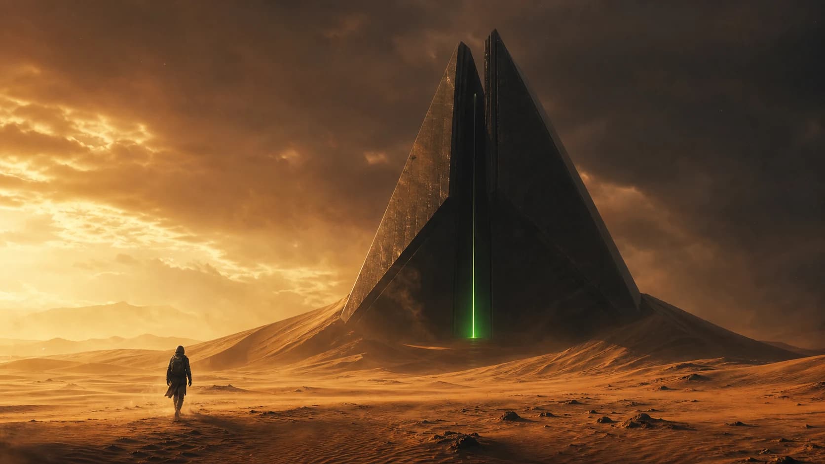 Lone explorer approaching a monumental geometric structure in a desert