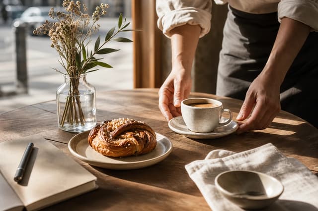 Sunlit coffee shop table with ceramic cup pastry and notebook