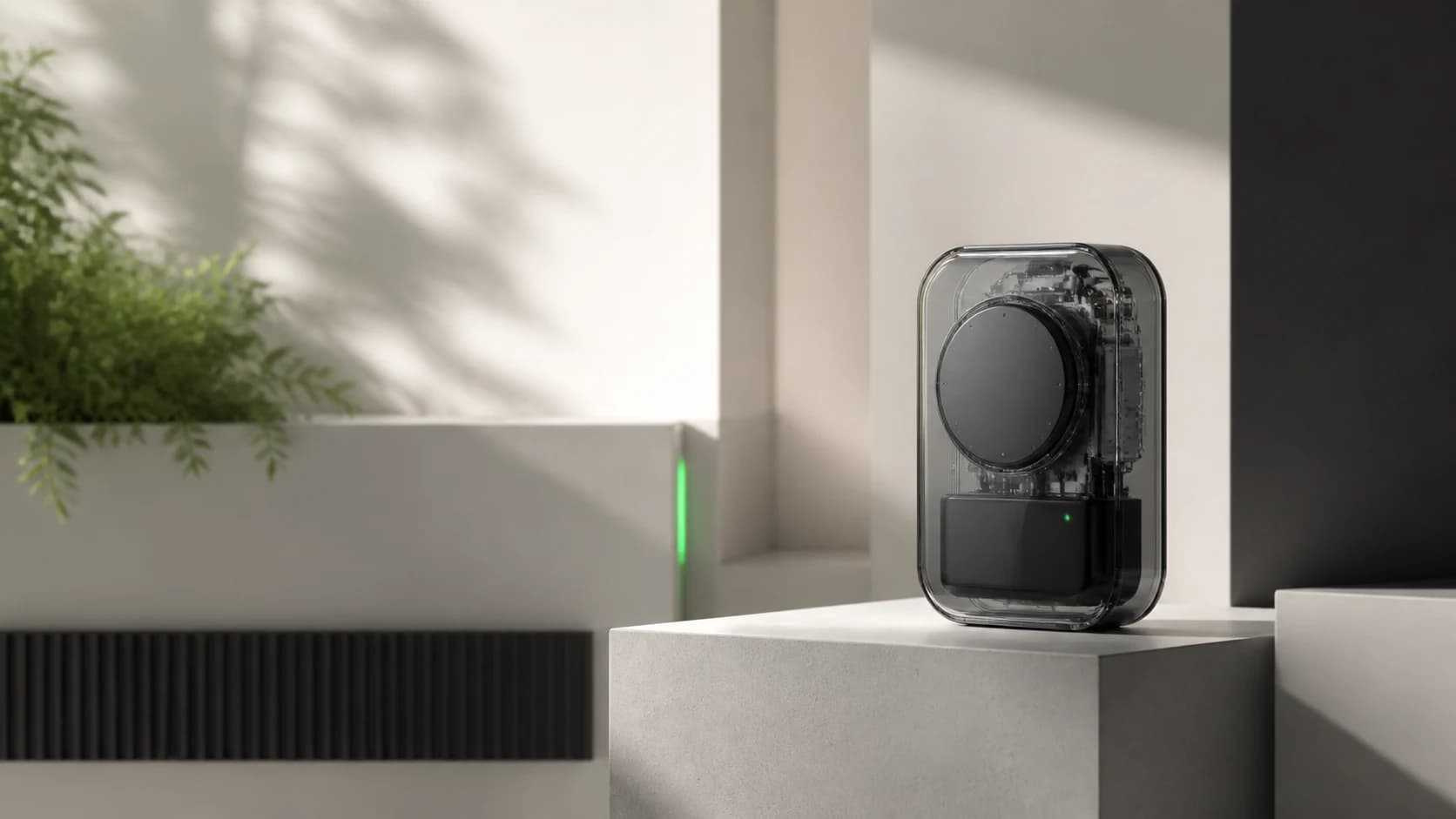 Minimal transparent technology product on an architectural pedestal